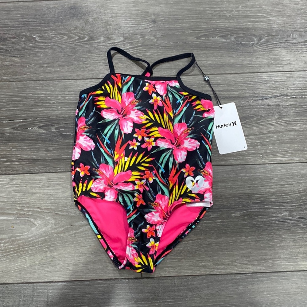 NWT! Hurley Youth Girls Size 4 Black Pink One Piece Swimsuit